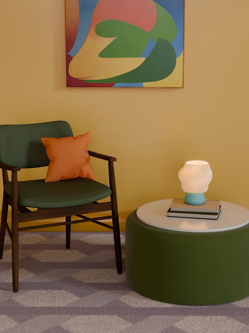 Light blue Dollop Lamp illuminated on a side table in a living room, styled with a green chair and colorful wall art