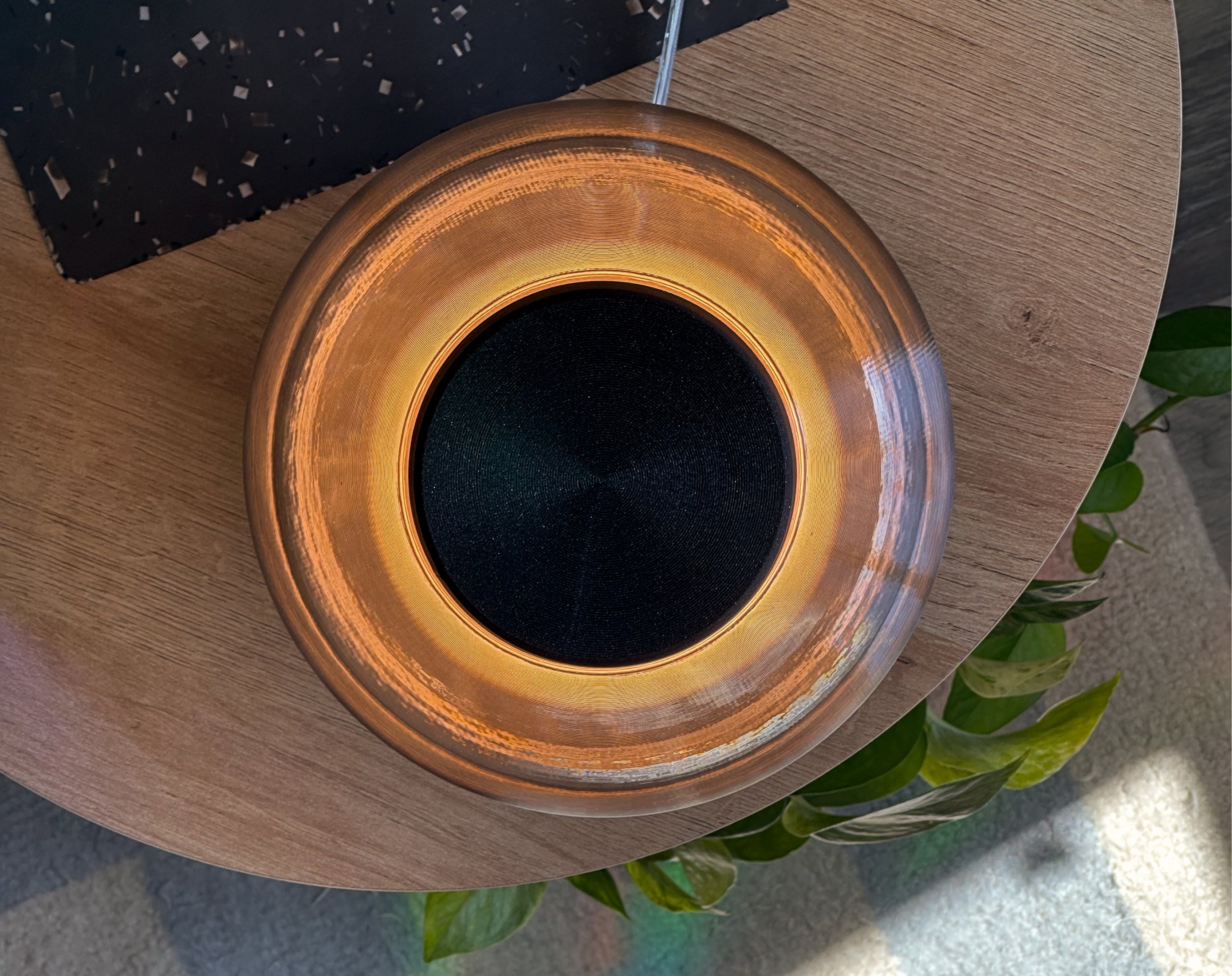 Transparent smoke gray Zen Lamp illuminated on a table with plants, viewed from above